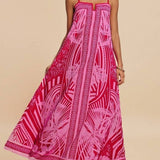 Rosa Clothing - Tropical palm print swing maxi strappy dress in fuchsia
