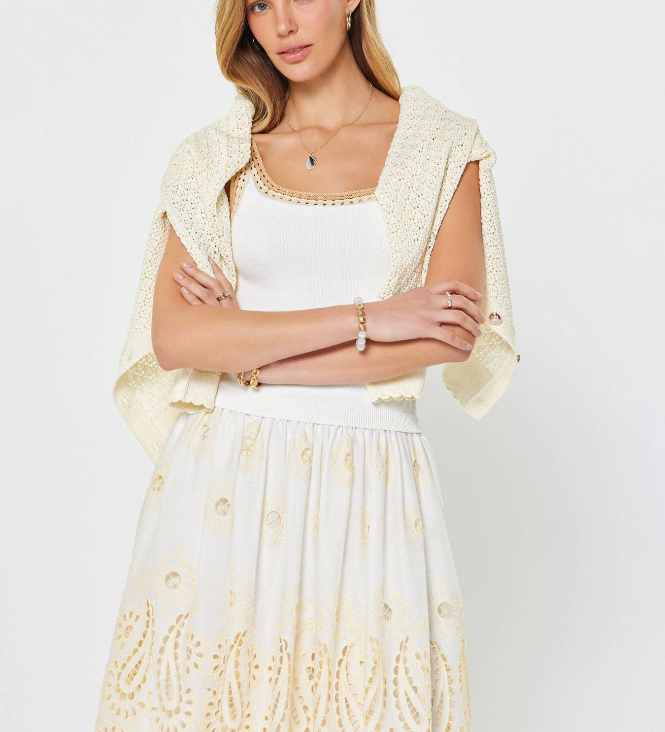 Current Air - Eyelet Skirt Sleeveless Sweater Combo Midi Dress