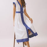 TCEC - CD06045-Contrast Printed Trim Detail V Neck Midi Dress