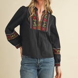 &MERCI - FLORAL CROSS STITCH EMBROIDERED PUFF SLEEVE TOP MTP4089