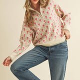 &MERCI - FLORAL MOCK NECK HALF ZIP PULLOVER MSW10829