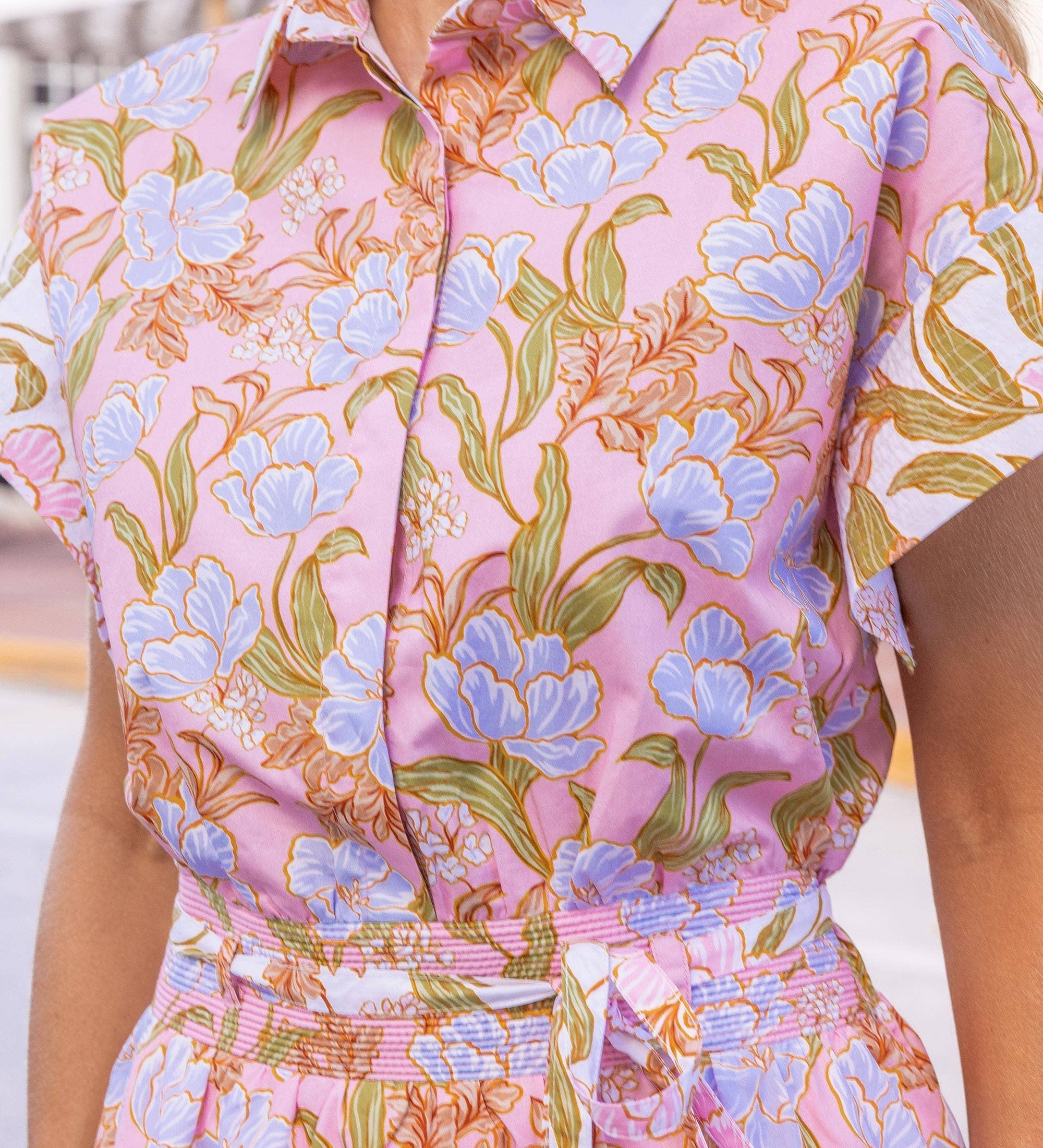 Strut & Bolt - Floral Print Block Shirt Midi Dress
