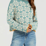Rosa Clothing - Boho Floral Motif Rolled Neck Knit Sweater
