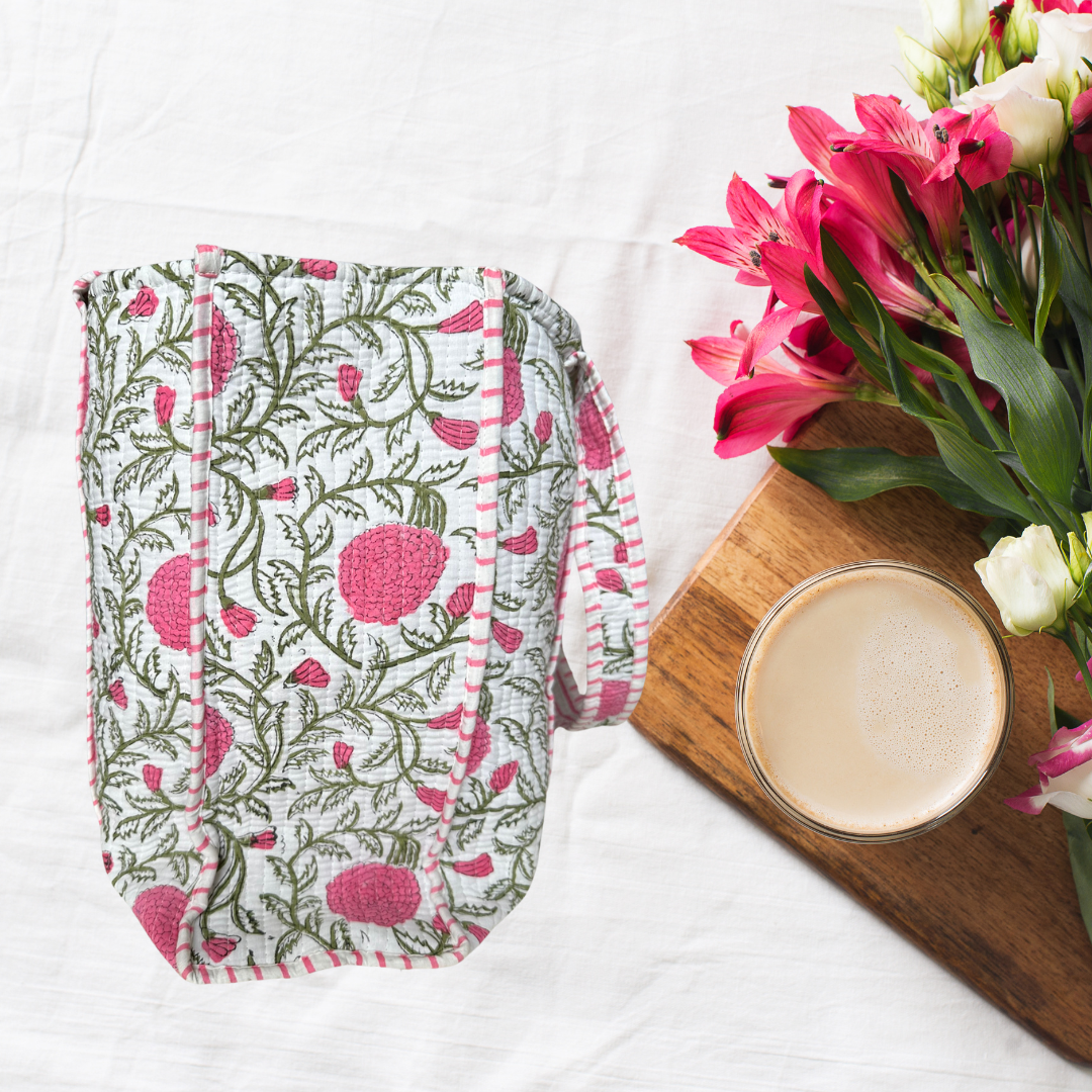 The Indian Bazaar - Quilted Cotton Reversible Tote Bag - Vine Pink Floral Print