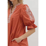 STYLE USA - Floral embroidered sleeve Solid mini dress