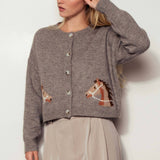 Urban Daizy - Western Horse Graphic Ribbed Trim Crew Neck Cardigan