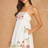 Strut & Bolt - Embroidered Palm & Floral Scalloped Babydoll Mini Dress