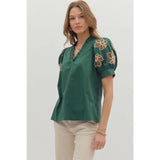 STYLE USA - Solid ruffle accent V-neck top