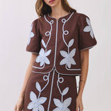 TCEC - CT9839-Appliqué Floral Short Puff Sleeve Structured Top
