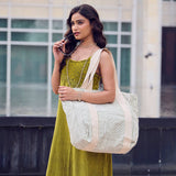 Anju Jewelry - Handcrafted Canvas Bag with Block-Printed Olive Stripes