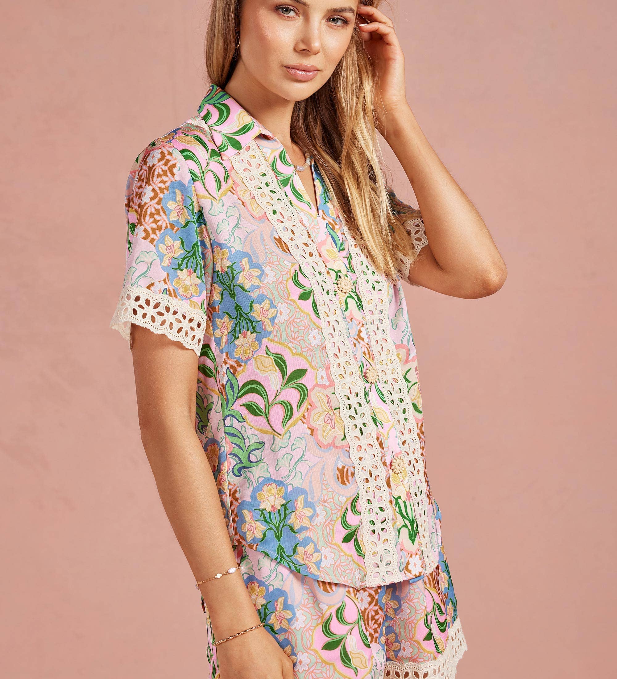Strut & Bolt - Garden Party Crochet Contrast Trim Satin Shirt