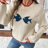 Rosa Clothing - Contrast Trim Fish Pattern Crewneck Knit Sweater