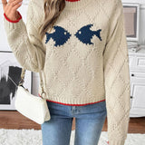 Rosa Clothing - Contrast Trim Fish Pattern Crewneck Knit Sweater