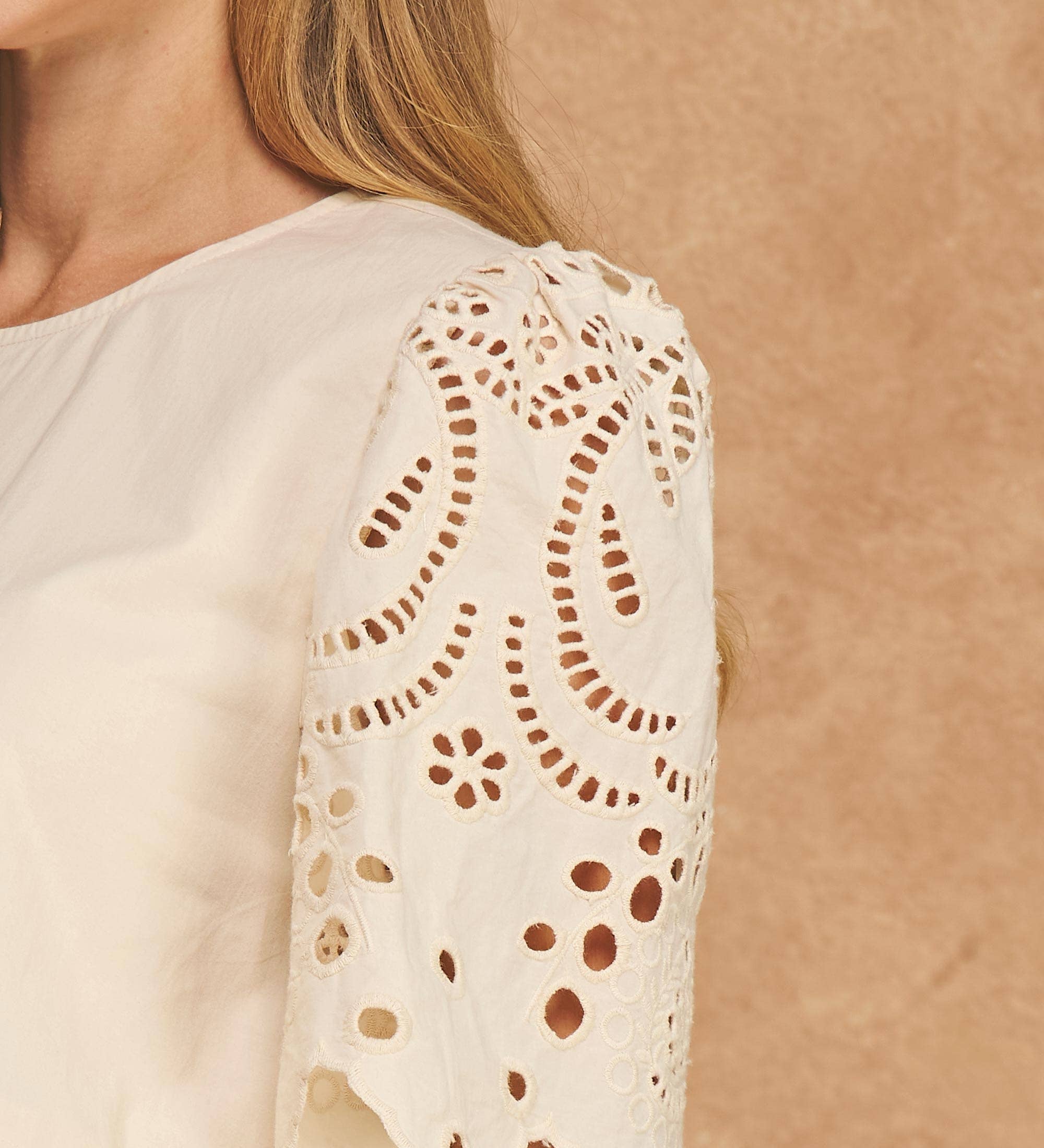 Strut & Bolt - Eyelet Embroidery Flutter Short Sleeve Pintuck Blouse