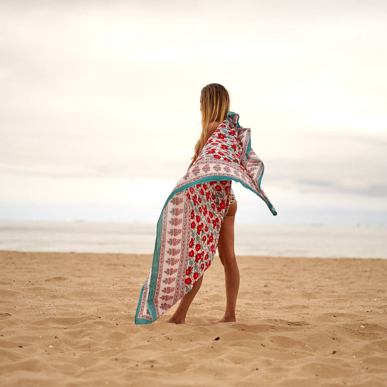 Boho-Eclectica - Block Print Cotton Sarong - Red Flower Print