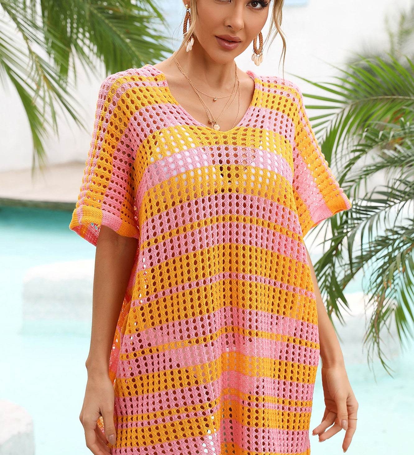 Striped Tassel Openwork Striped V-Neck Cover Up