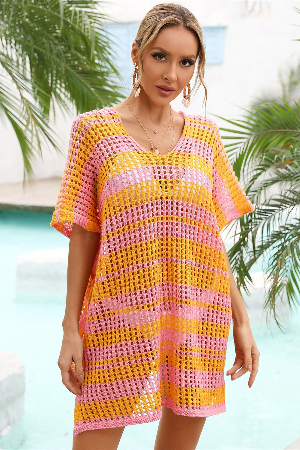 Striped Tassel Openwork Striped V-Neck Cover Up