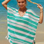 Striped Tassel Openwork Striped V-Neck Cover Up