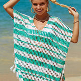 Striped Tassel Openwork Striped V-Neck Cover Up