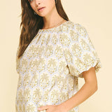 PINCH - TROPICAL PALM PRINT PUFF SLEEVE TOP - 7163TA