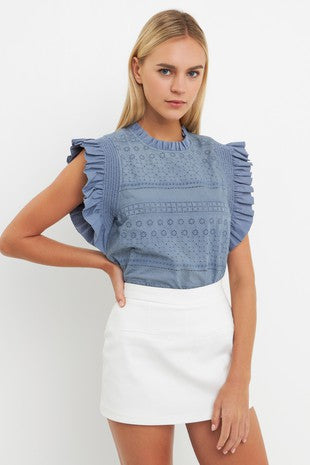Ruffle Sleeve Embroidered Cotton Top