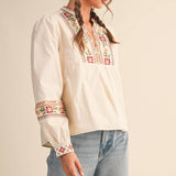 &MERCI - FLORAL CROSS STITCH EMBROIDERED PUFF SLEEVE TOP MTP4089