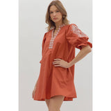 STYLE USA - Floral embroidered sleeve Solid mini dress