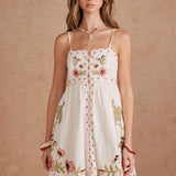 Strut & Bolt - Embroidered Palm & Floral Scalloped Babydoll Mini Dress