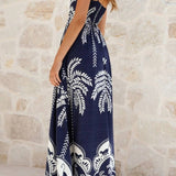 Rosa Clothing - Tropical vacation palm print A-line strappy maxi dress