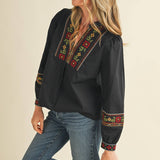 &MERCI - FLORAL CROSS STITCH EMBROIDERED PUFF SLEEVE TOP MTP4089