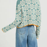Rosa Clothing - Boho Floral Motif Rolled Neck Knit Sweater