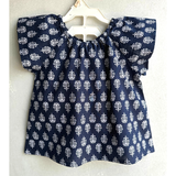 The Indian Bazaar - Girls Peasant Top - Blue and White Buti, Raglan Flare Sleeve