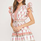 Strut & Bolt - Floral Block Print Poplin Ruffle Sleeve Mini Dress