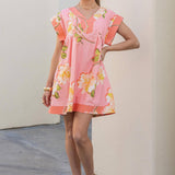 Strut & Bolt - Tropical Hibiscus V-neck Pintuck Mini Dress
