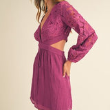 Lace Crochet Bodice And Solid Cutout Mini Dress