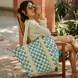 Anju Jewelry - Handcrafted Canvas Bag with Block-Printed Teal Marigold