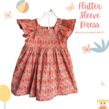 The Indian Bazaar - Girls Flutter Sleeve Dress - Peach Block Print