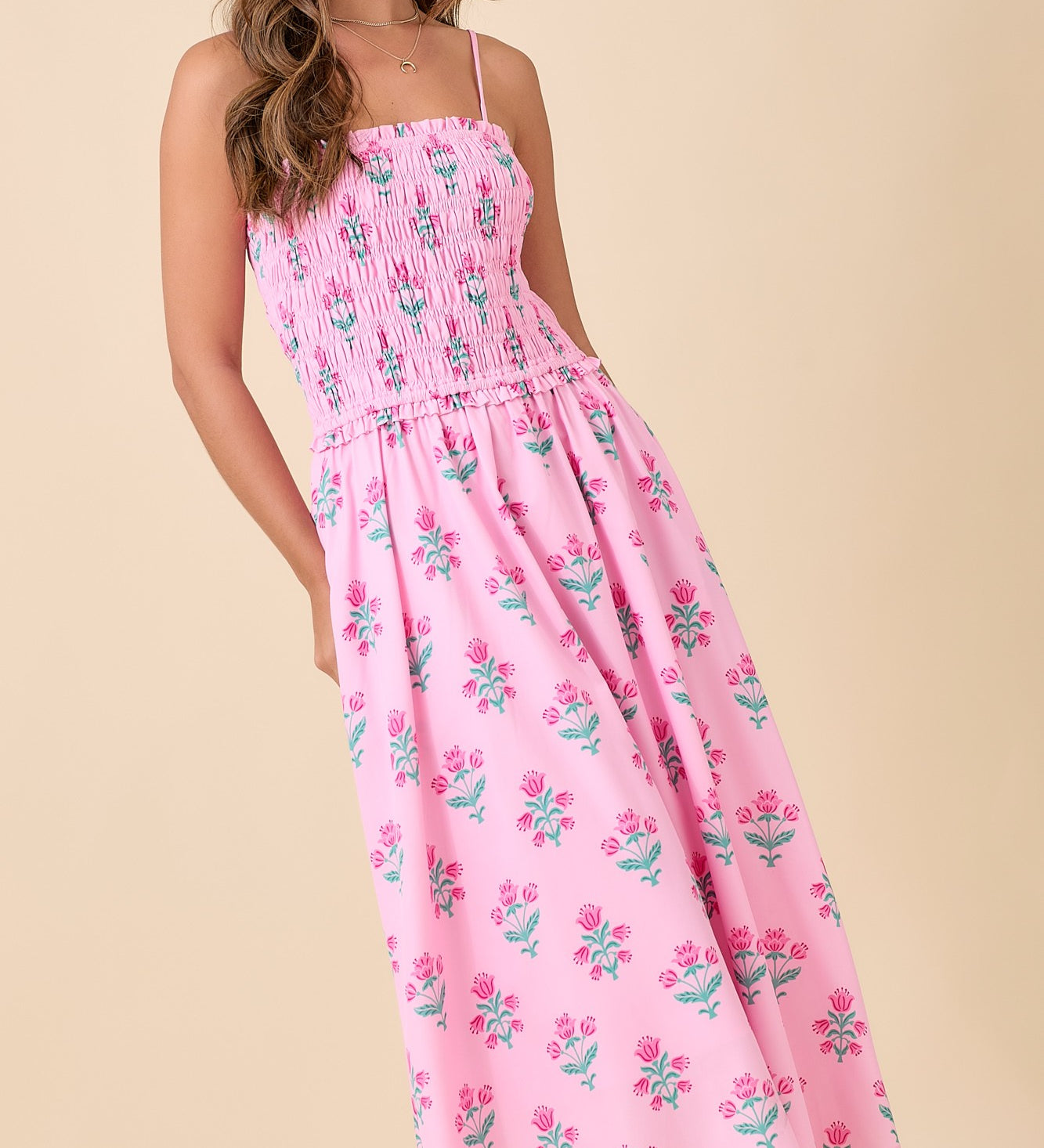 Midi Smocking Dress With Side Seam Pocket