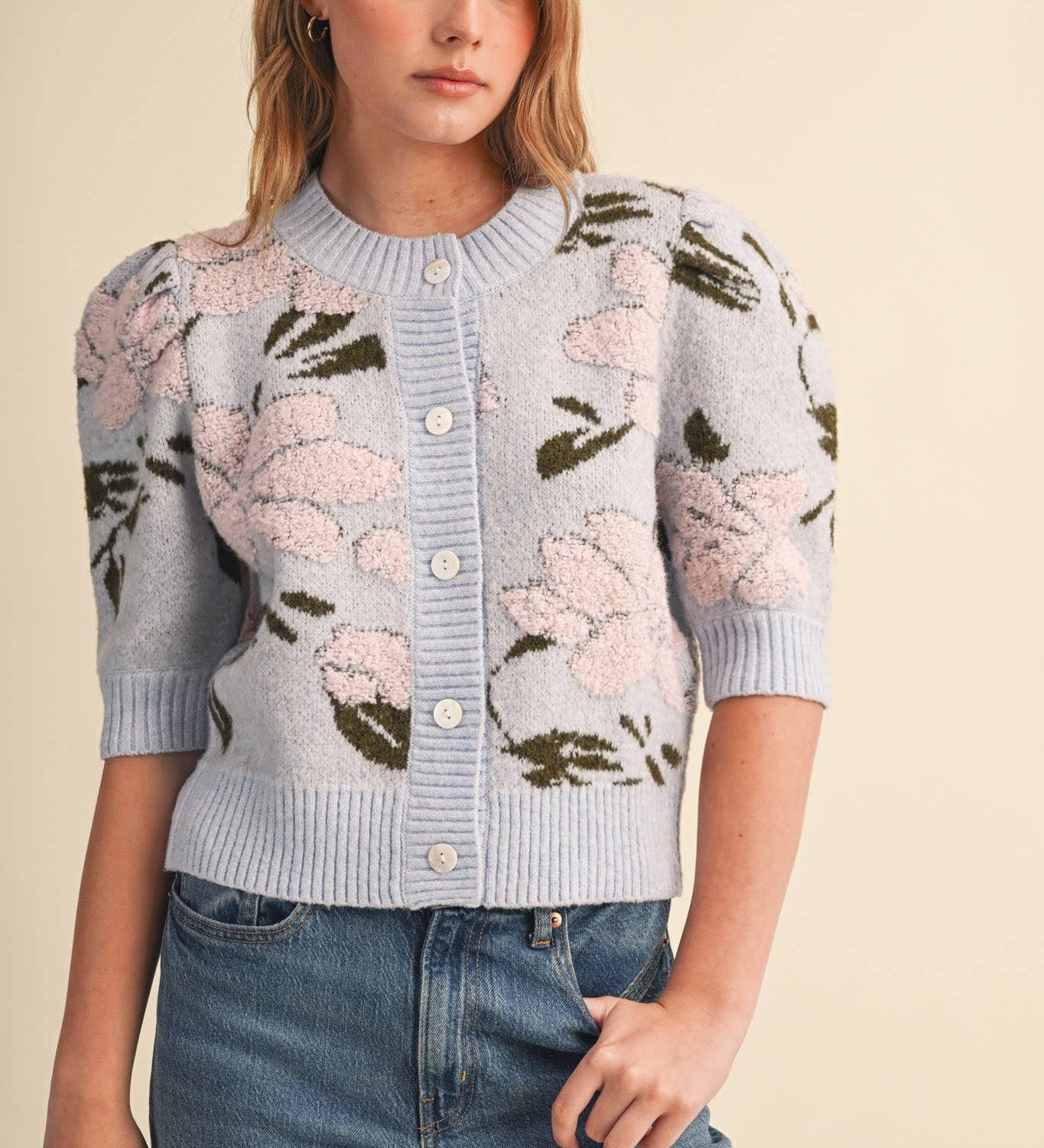&MERCI - FLORAL KNIT SHORT PUFF SLEEVE SWEATER CARDIGAN MSW11393