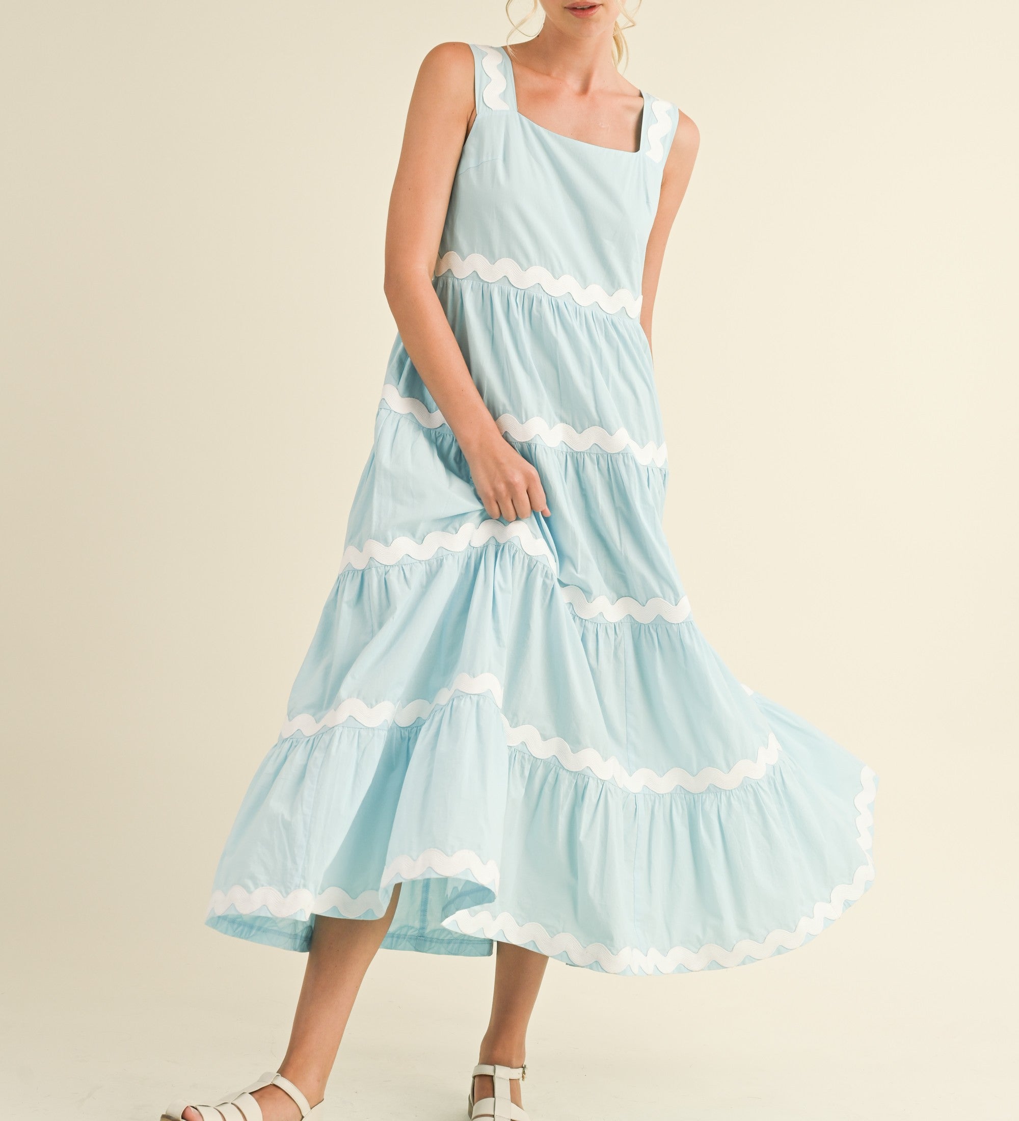 TIERED RIC RAC TRIM MIDI DRESS