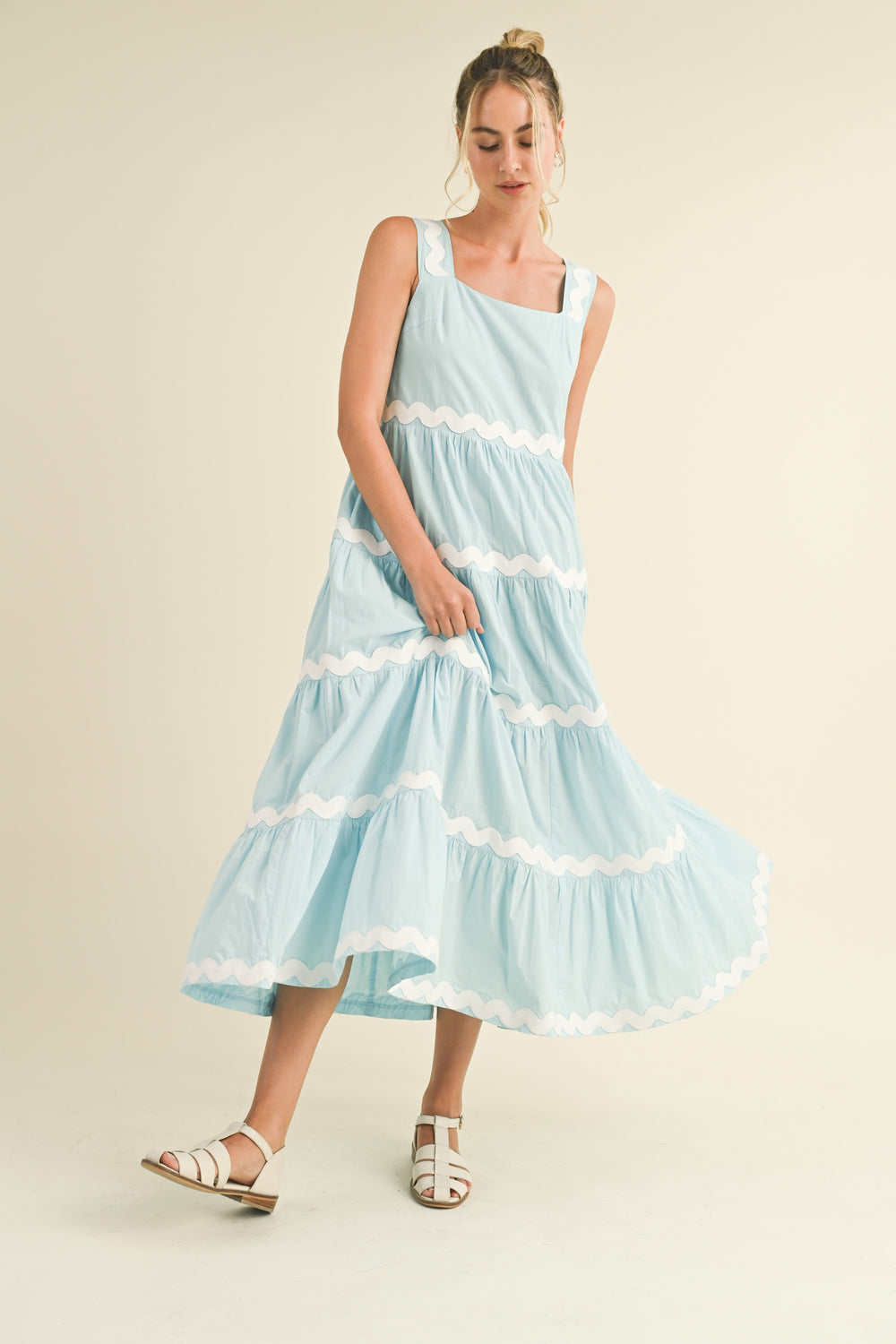 TIERED RIC RAC TRIM MIDI DRESS