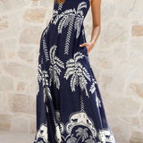 Rosa Clothing - Tropical vacation palm print A-line strappy maxi dress
