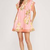 Strut & Bolt - Tropical Hibiscus V-neck Pintuck Mini Dress