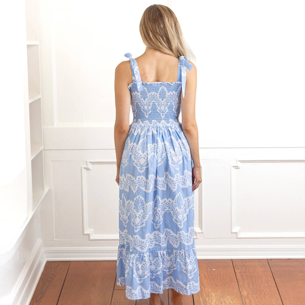 8 Oak Lane - Modern Blue Tie Top Smocked House Dress