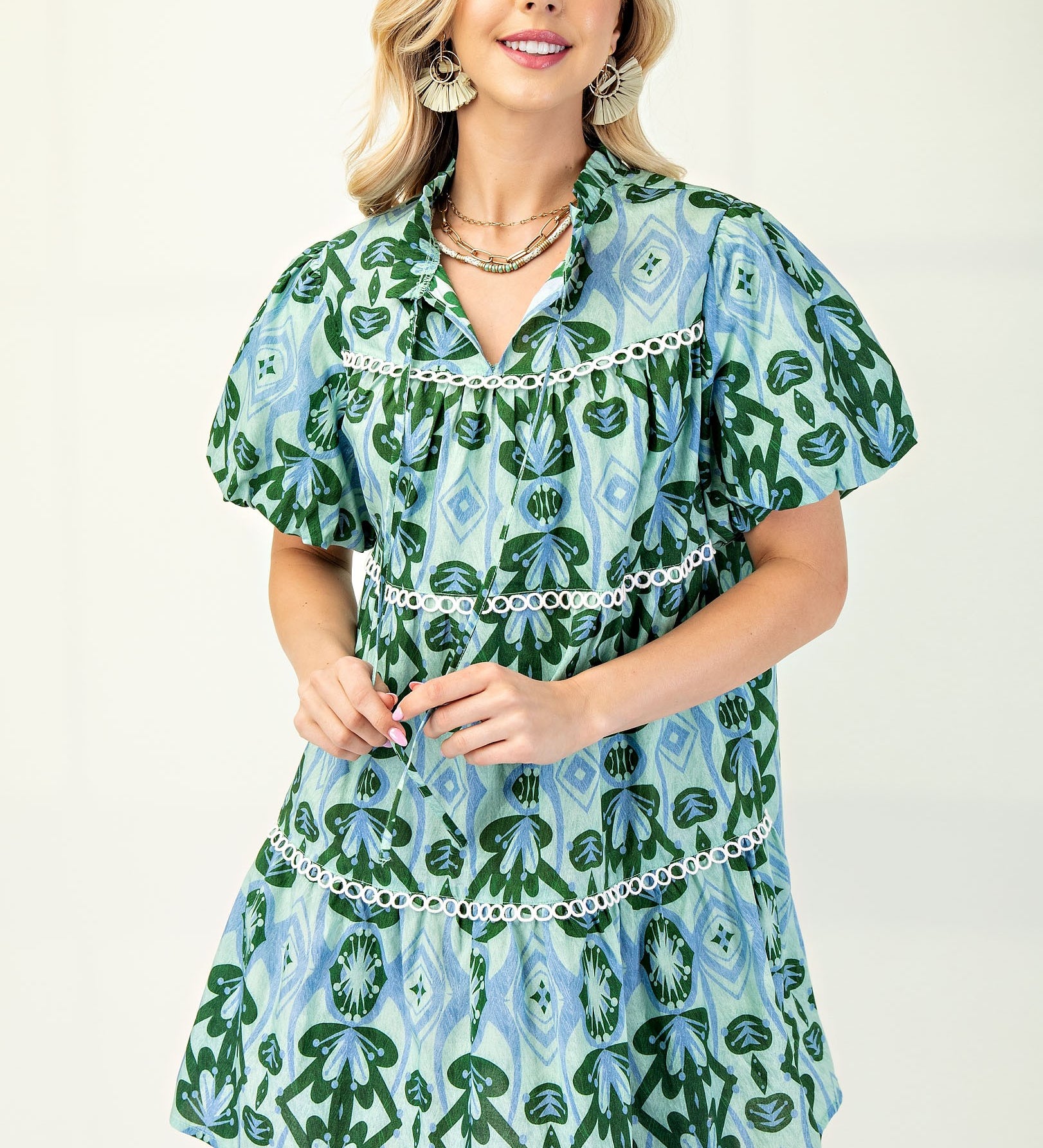 Tiered Mini Dress with Tie Neck