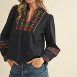 &MERCI - FLORAL CROSS STITCH EMBROIDERED PUFF SLEEVE TOP MTP4089