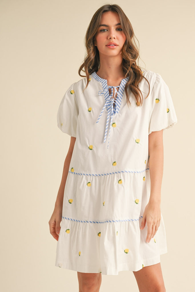 Fruit embroidery puff sleeve mini dress