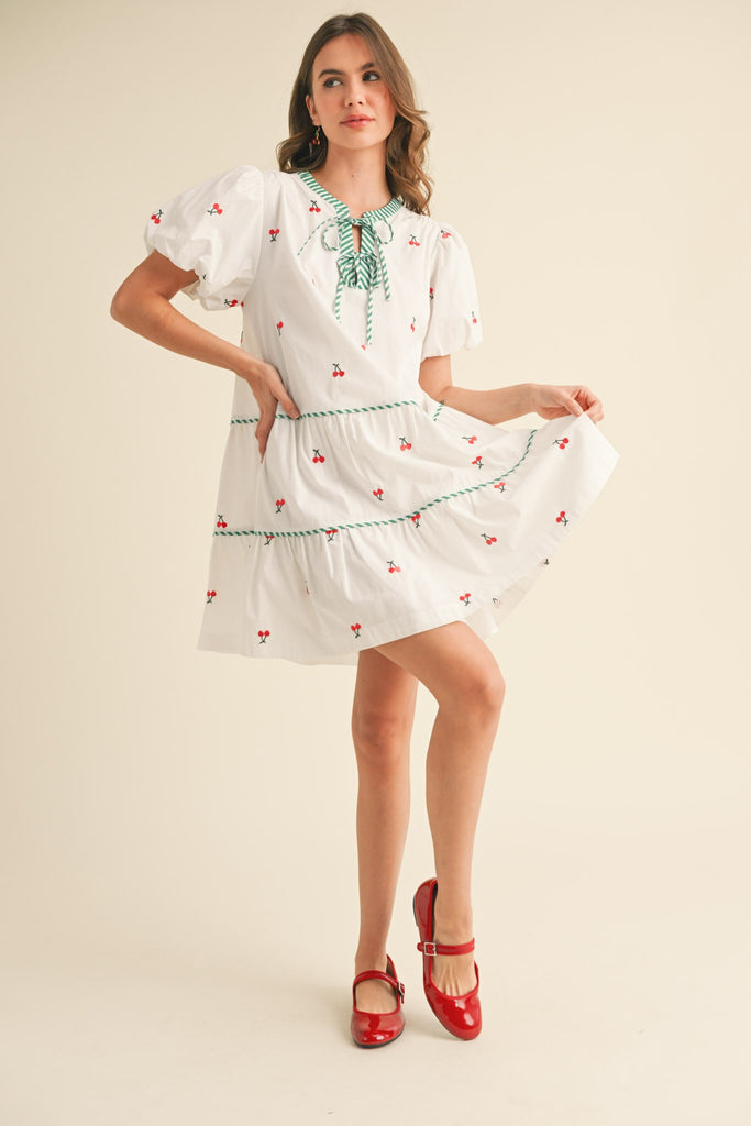 Fruit embroidery puff sleeve mini dress