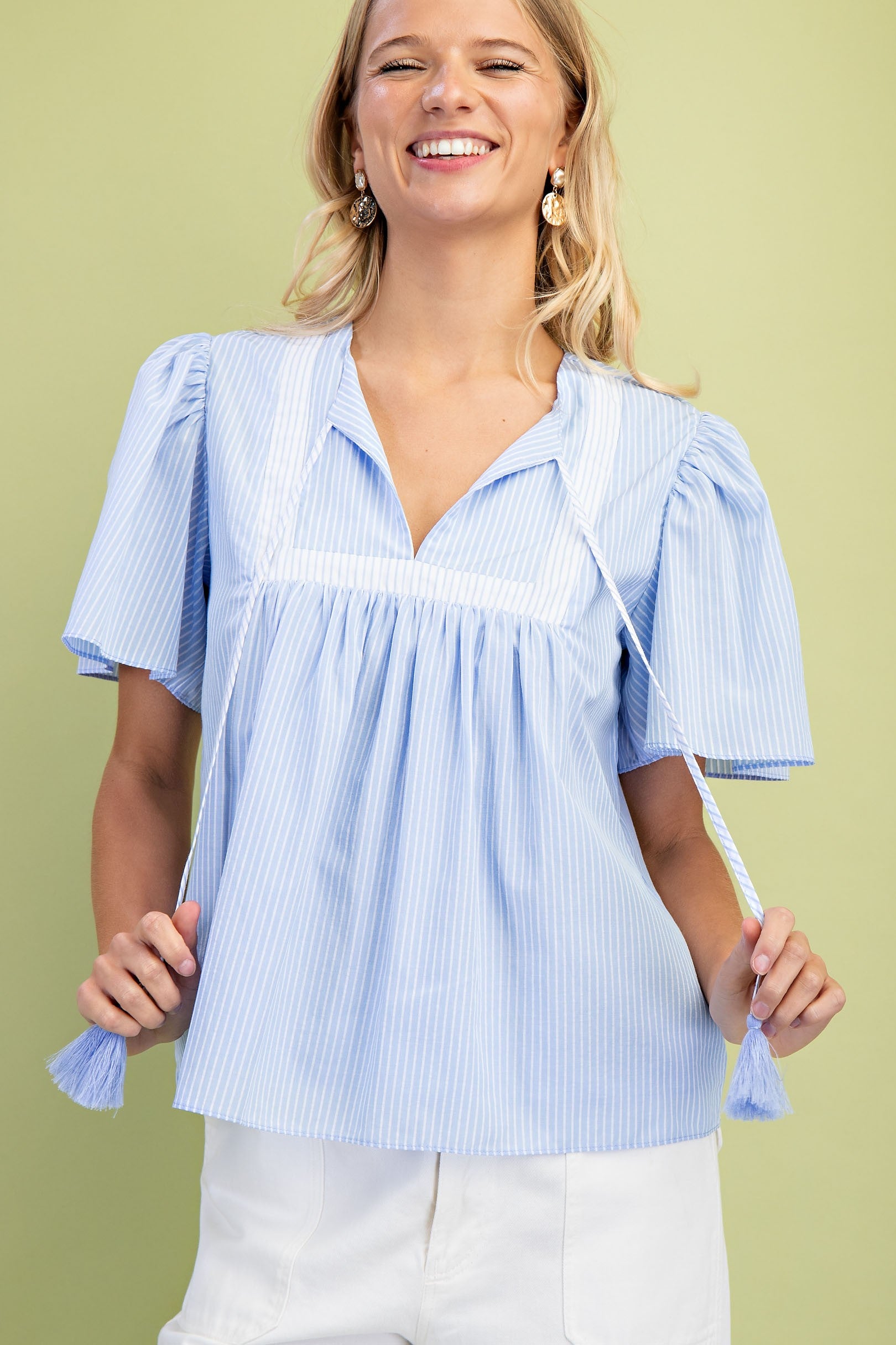 Mixed Stripe Short Sleeve Top with a Tassel