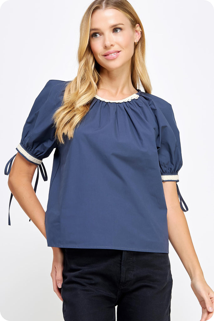 Embroidered Trim Detail Poplin Top